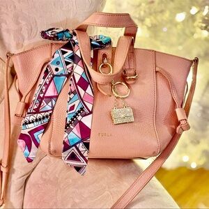 Furla Tote EUC Crossbody Genuine Leather Bag pebbled leather free charm & scarf
